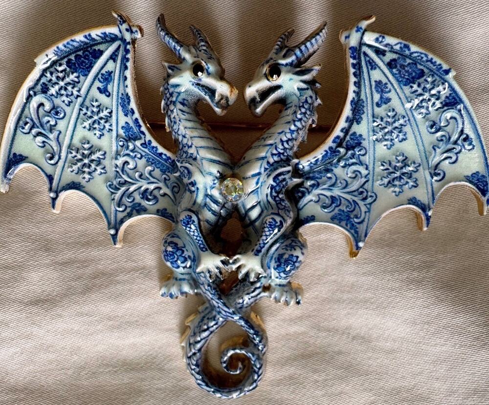 Blue Delft Style Double Dragon Brooch Pin Rhinestone Fantasy Statement 3.5”